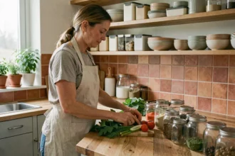 Femme organisant une cuisine saine et durable avec bocaux en verre et légumes frais sur un plan de travail en bois naturel