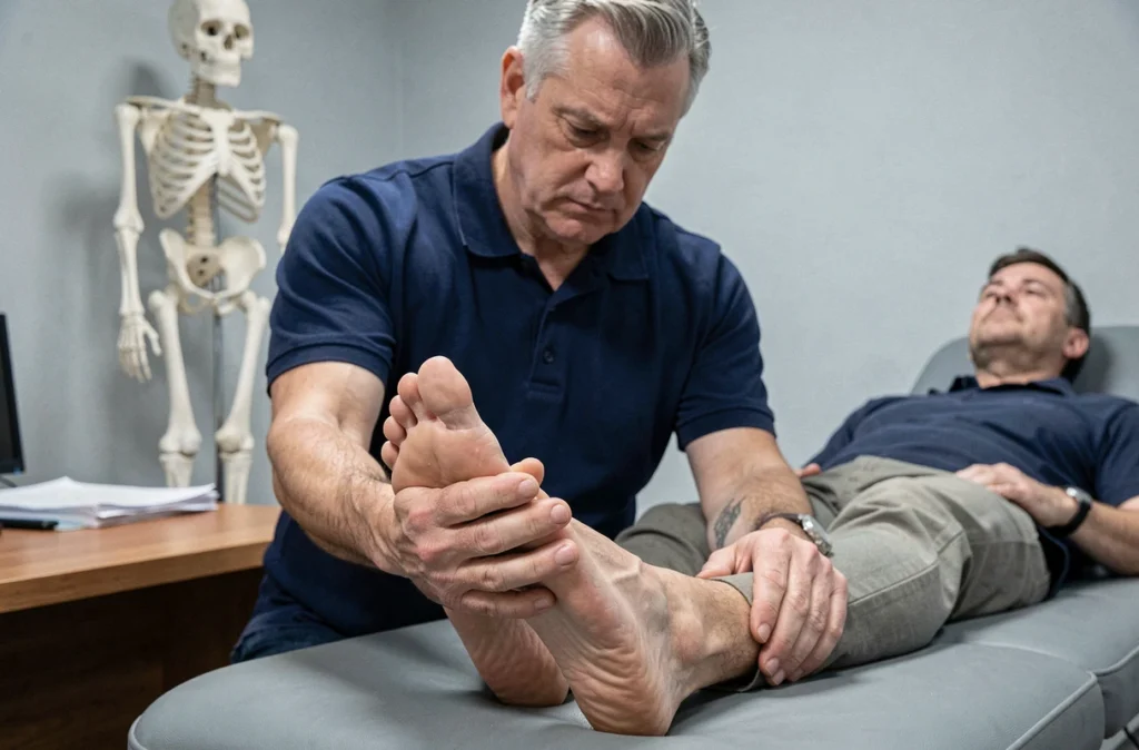 Ostéopathe examinant le talon d'un patient souffrant d'épine calcanéenne lors d'une séance de soin manuel en cabinet