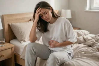 Jeune femme fatiguée assise sur son lit, main sur le ventre, illustrant les premiers signes physiques de la grossesse comme la fatigue et les nausées matinales