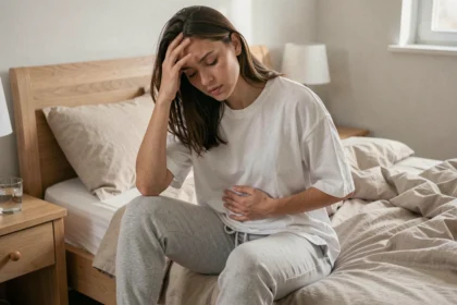Jeune femme fatiguée assise sur son lit, main sur le ventre, illustrant les premiers signes physiques de la grossesse comme la fatigue et les nausées matinales
