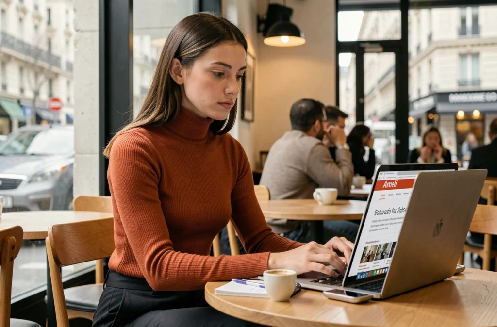 Jeune femme recherchant les coordonnées de sa CPAM locale sur le site Ameli depuis un café parisien