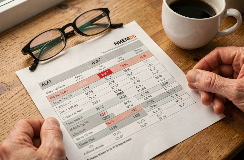 Résultats d'une prise de sang avec les valeurs de transaminases SGPT sur un bilan hépatique posé sur un bureau