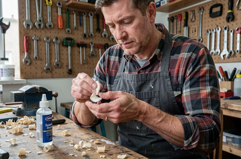 Homme en atelier retirant de la colle cyanoacrylate de ses doigts avec de l'acétone sur un établi en bois