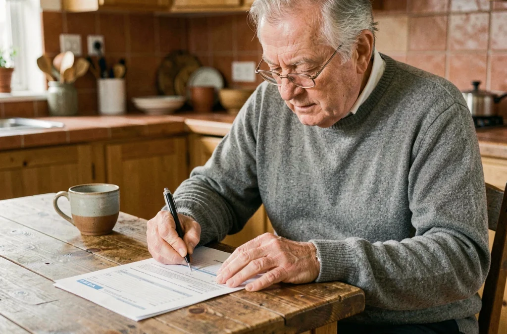 Senior retraité remplissant un formulaire cerfa pour un bon de transport à son domicile