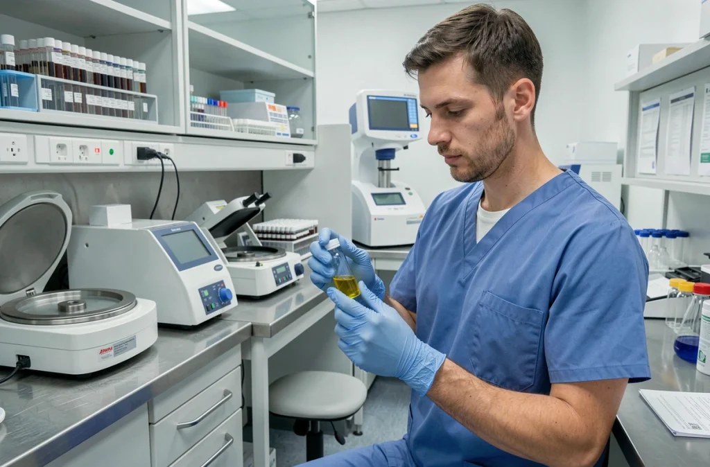 Technicien de laboratoire médical manipulant un échantillon de sérum pour l'analyse de bilirubine conjuguée