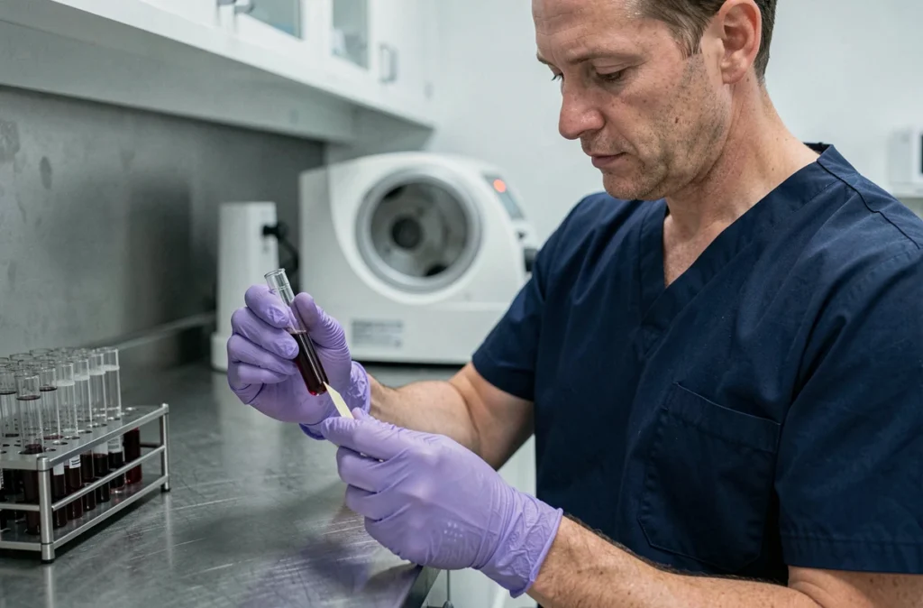 Technicien de laboratoire étiquetant un tube de prélèvement sanguin pour analyse de l'hémogramme et du VGM