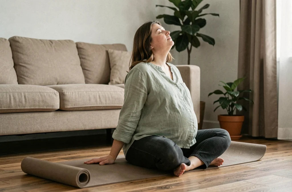 Femme enceinte pratiquant un exercice de yoga prénatal sur un tapis dans son salon pour prévenir les maux de dos