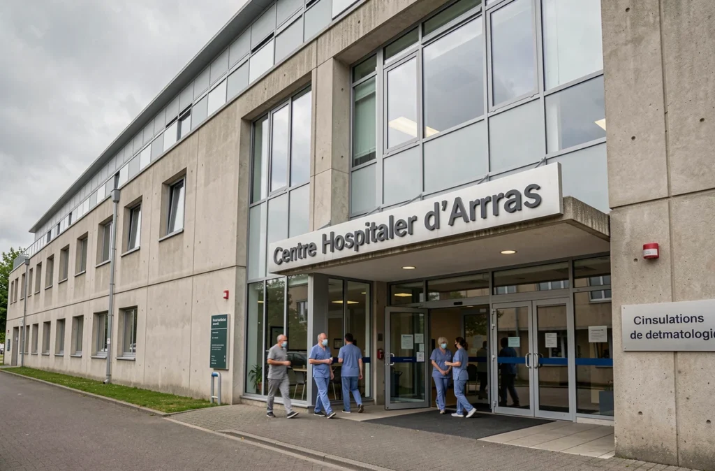 Façade et entrée du Centre Hospitalier d'Arras avec signalétique des consultations de dermatologie visible