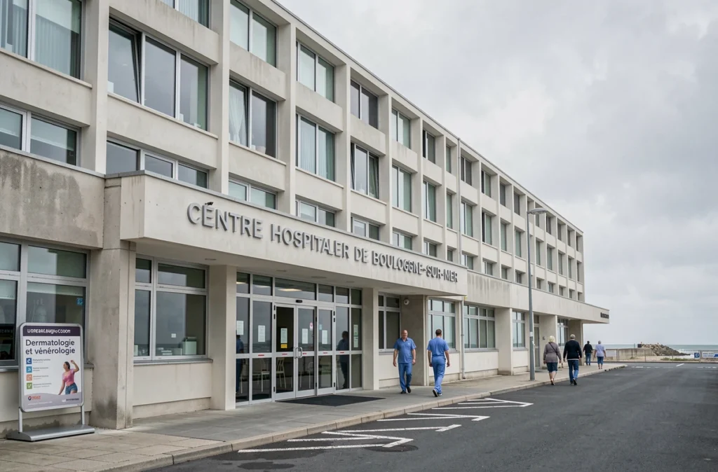 Entrée du Centre Hospitalier de Boulogne-sur-Mer avec indication du service de dermatologie et vénérologie