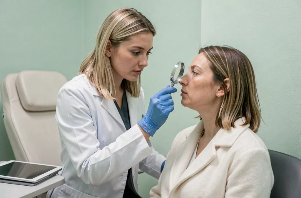 Jeune dermatologue femme réalisant un examen cutané médical en cabinet de dermatologie médicale