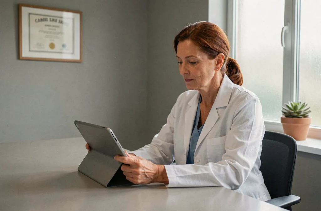 Dermatologue femme consultant un dossier patient sur tablette lors d'une séance de dermatologie générale en cabinet