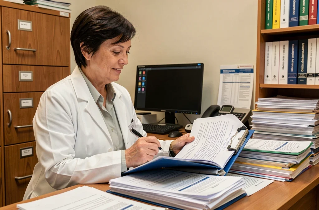 Dermatologue femme consultant un épais dossier médical pour un suivi dermatologique de long terme en cabinet