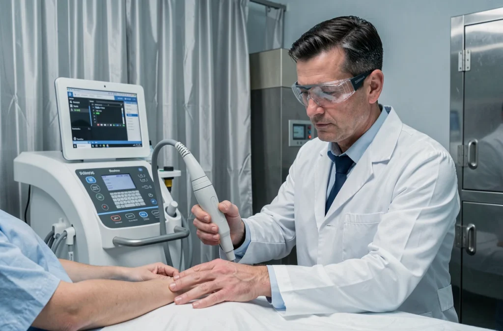Dermatologue masculin utilisant un dispositif laser dermatologique pour un soin cutané en cabinet spécialisé