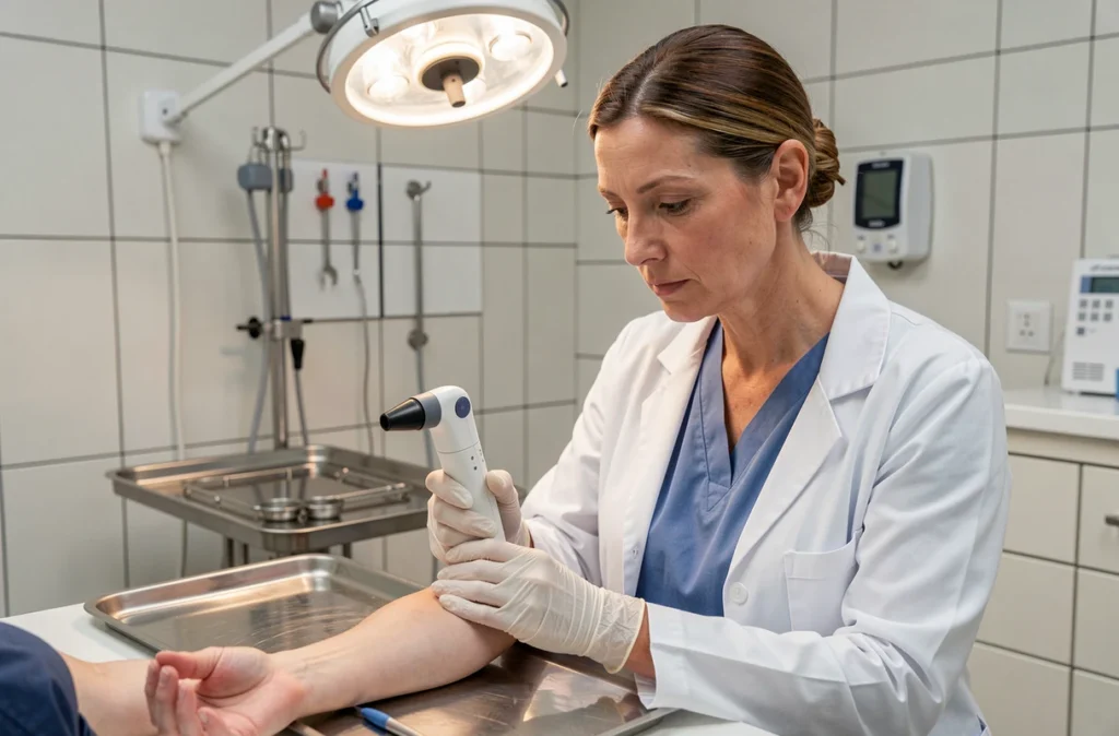 Dermatologue femme examinant la peau d'un patient avec un dermatoscope lors d'une consultation à expertise chirurgicale