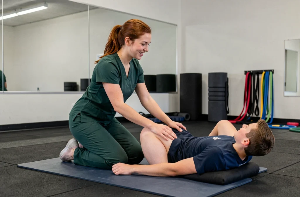 Elsa Blin kinésithérapeute guidant un patient dans un exercice de rééducation de la hanche