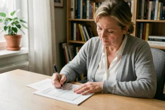 Femme remplissant un dossier MDPH à son bureau à domicile