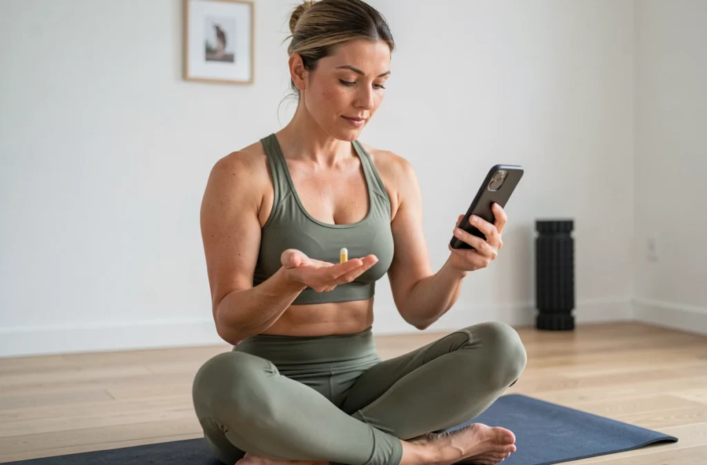 Femme sportive examinant une gélule minceur sur son tapis de yoga avec précaution
