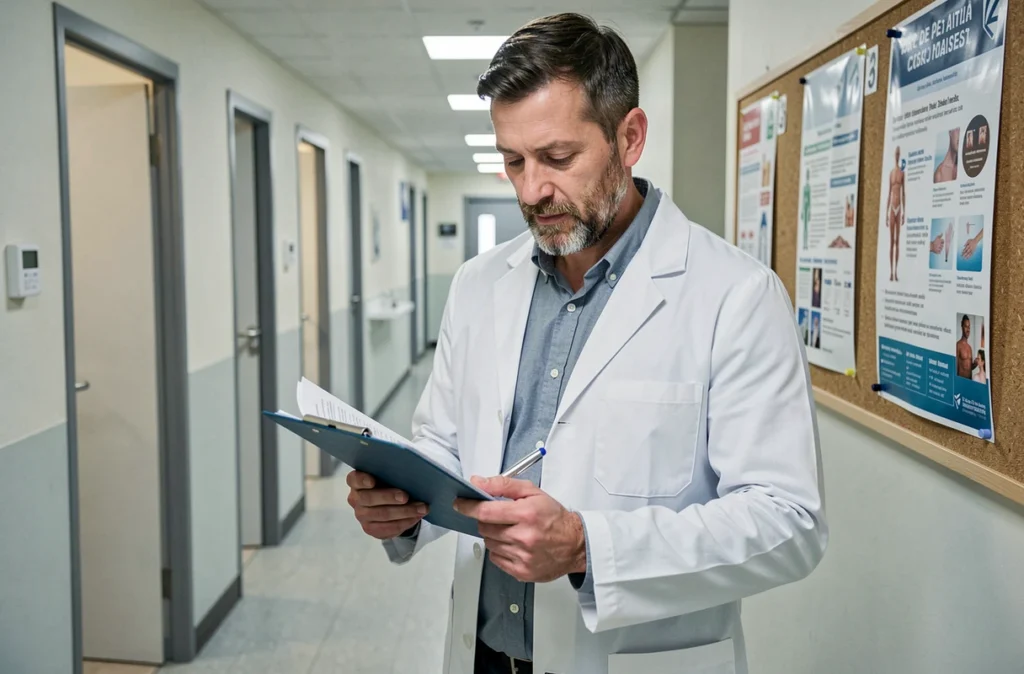 Dermatologue masculin dans un couloir de cabinet médical régional du Pas-de-Calais, consultan ses notes