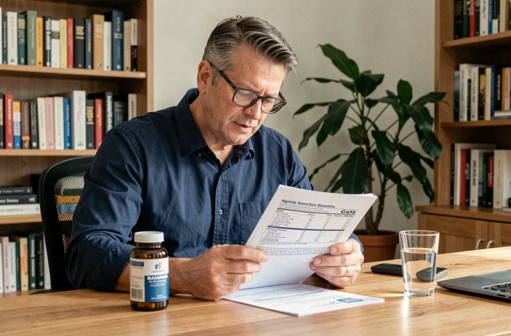 Homme lisant les informations sur la composition et les effets secondaires d'un complément minceur