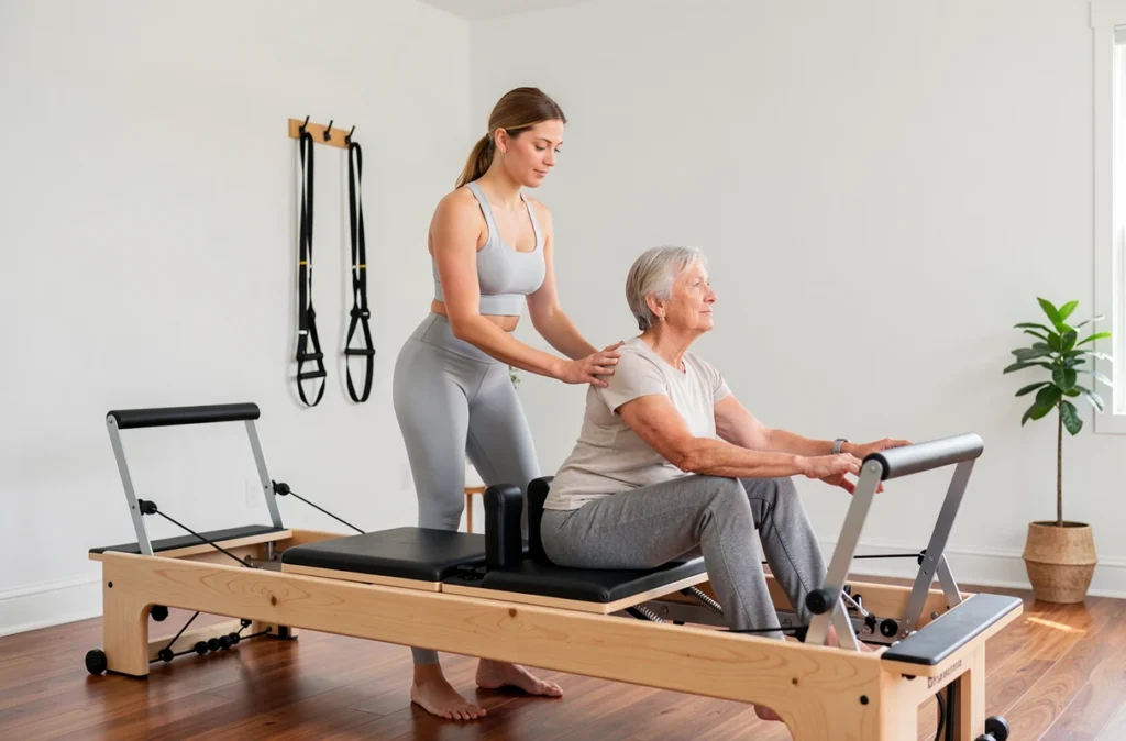 Kinésithérapeute formé au Pilates thérapeutique accompagnant une patiente sur un reformer