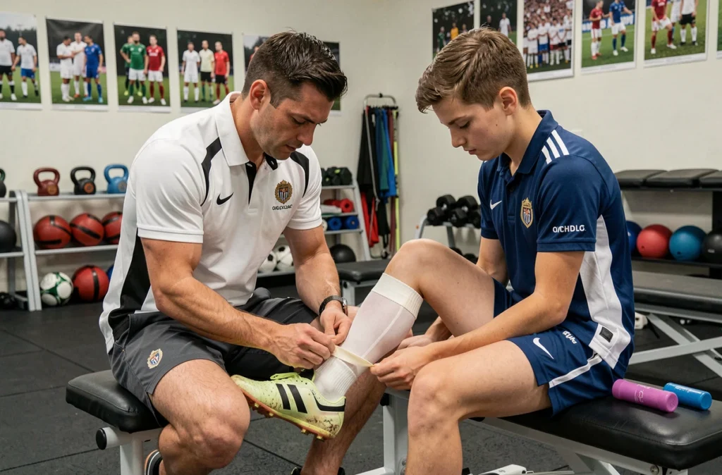 Kinésithérapeute du sport effectuant un strapping de cheville sur un jeune footballeur