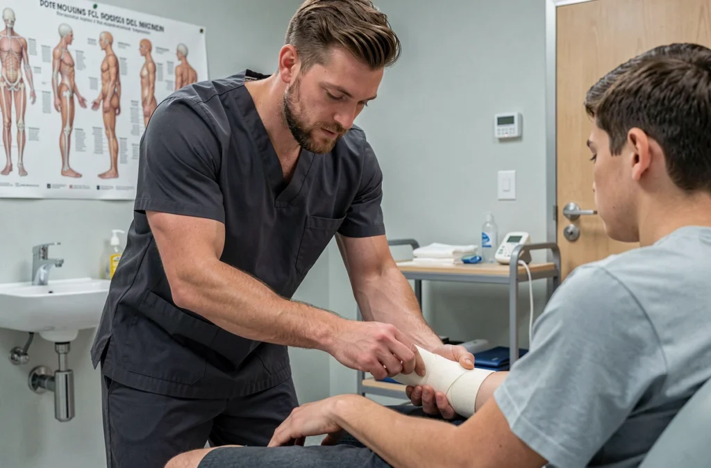 Kinésithérapeute en traumatologie travaillant sur la rééducation du poignet d'un patient post-fracture
