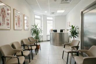 Salle d'attente moderne d'un cabinet de dermatologie dans le Pas-de-Calais, avec un accueil professionnel et une atmosphère apaisante