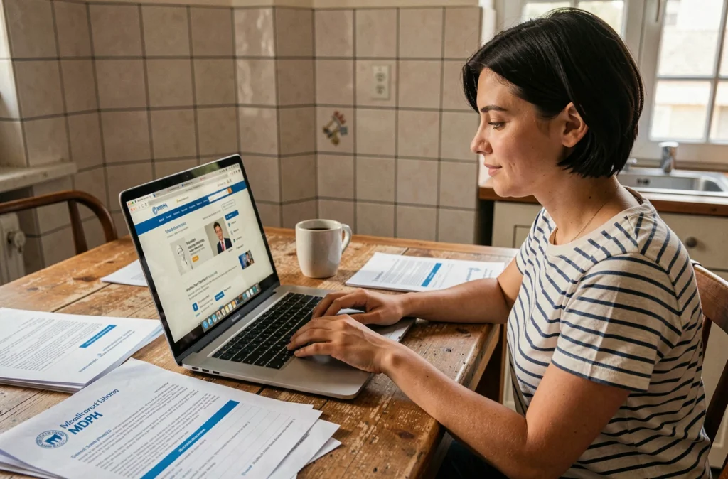 Jeune femme recherchant un dossier MDPH en ligne sur son ordinateur portable