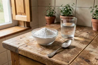 Bicarbonate de soude alimentaire dans un bol en verre avec une cuillère doseuse sur un plan de travail en bois, illustrant les doses recommandées