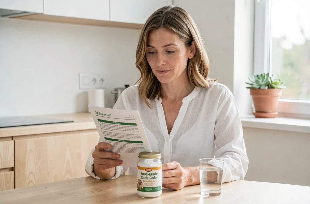 Femme lisant une notice sur les bienfaits et précautions du bicarbonate alimentaire avec un bocal de bicarbonate posé sur la table